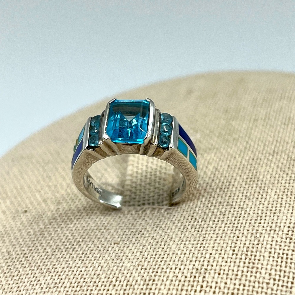 Vintage 925 Sterling Silver Turquoise Lapis Inlay Ring Size 5